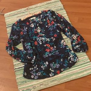 Navy Blue Floral Blouse with Sleeves Size Medium
